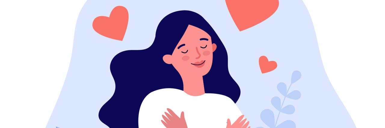 How to Make Self-Love a New Year's Resolution illustration of a woman with her arms around herself and hearts above her, self-love concept