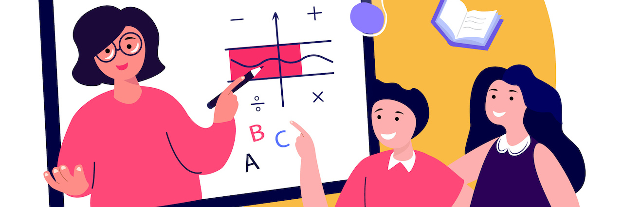 An illustration of a virtual teacher giving a lesson