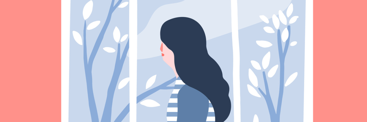 Isolating During COVID-19 When You Are High Risk Young woman at home looking out window, sitting on sill in pink room.