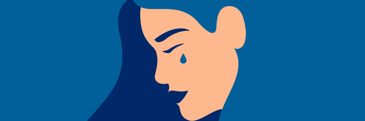 vector of woman crying, blue hair, blue background