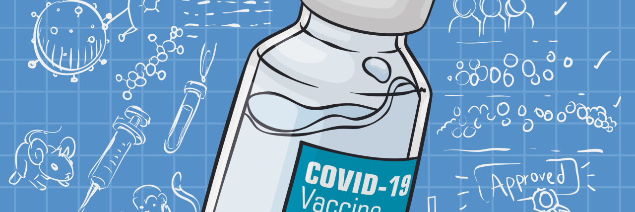 COVID-19 vaccine vial over blue and squared label, with doodles explaining the development phases for the vaccine
