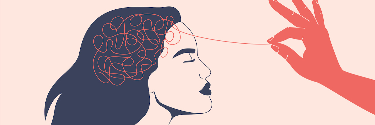 The Beauty of Healing From a Depressive Episode An illustration of a woman with a pile of string in her head. A hand pulls a piece out