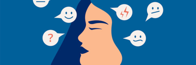 An illustration of a woman with blue hair, with speech bubbles around her head representing different things: smily faces, frowny faces, harts and lightning bolts