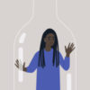 An illustration of a black woman with long dreads stuck in a glass bottle