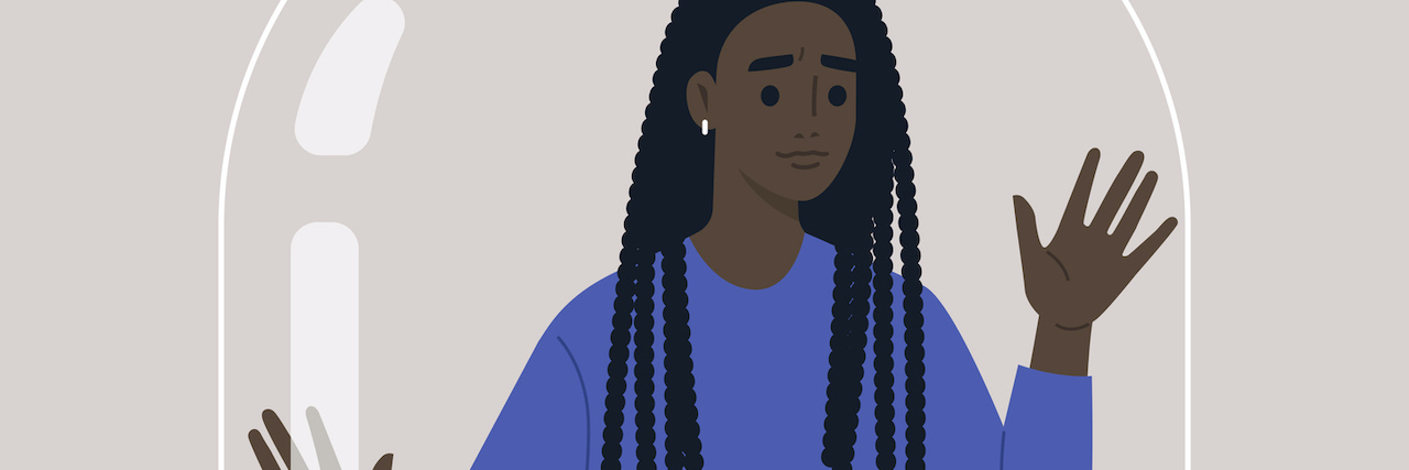 An illustration of a black woman with long dreads stuck in a glass bottle