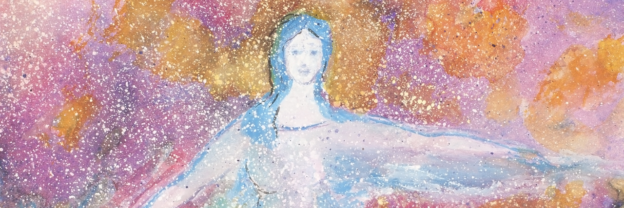 I Have Fibromyalgia and Yes, I'm Disabled Gouache painting of a blue female dancer and a colorful background.