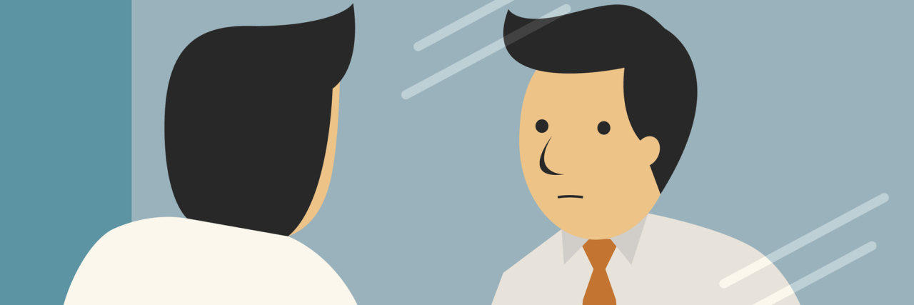 How I Got Sober and Learned to Manage My Schizophrenia vector of a man in a dress shirt looking in the mirror with a serious expression