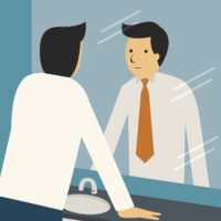 vector of a man in a dress shirt looking in the mirror with a serious expression