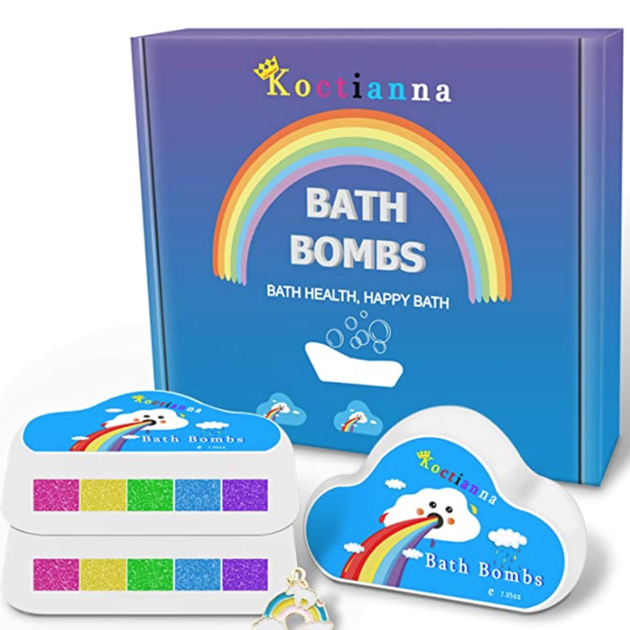 photo of box containing rainbow color bath bombs