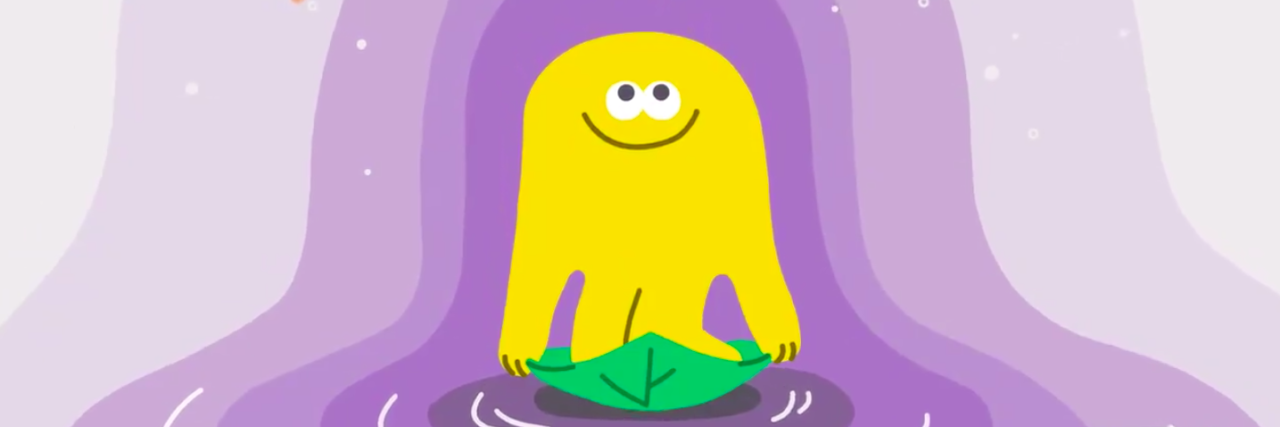 Smiling yellow carton blob siting on a lilly pad surrounded by purple ripples