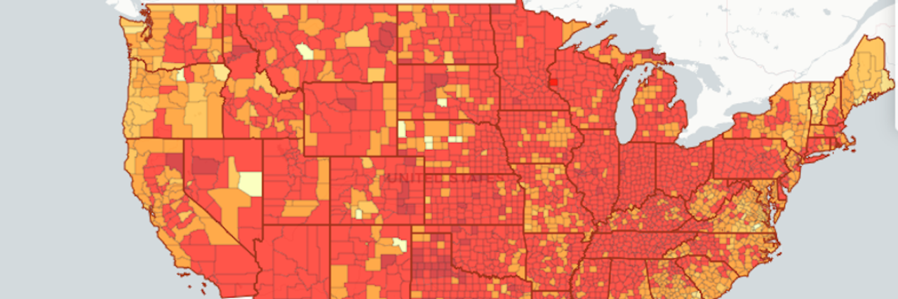Use This Map to Calculate the COVID-19 Risk of Your Next Gathering A screenshot of the COVID-19 Event Risk Assessment Planning Tool, a map in shades of yellow, orange and red to show COVID-19 exposure risk (click to go to map website)