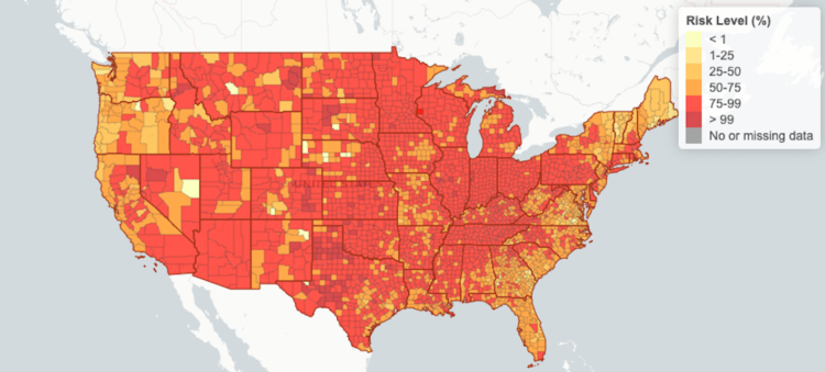 A screenshot of the COVID-19 Event Risk Assessment Planning Tool, a map in shades of yellow, orange and red to show COVID-19 exposure risk (click to go to map website)