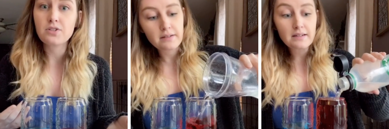 TikTok user @recollectedself (a woman with long blonde hair) pours water into two glasses filled with blue and red water