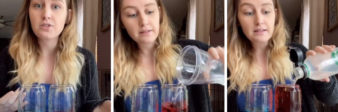 TikToker Uses Water Glasses to Show Why BPD Causes Big Emotions TikTok user @recollectedself (a woman with long blonde hair) pours water into two glasses filled with blue and red water