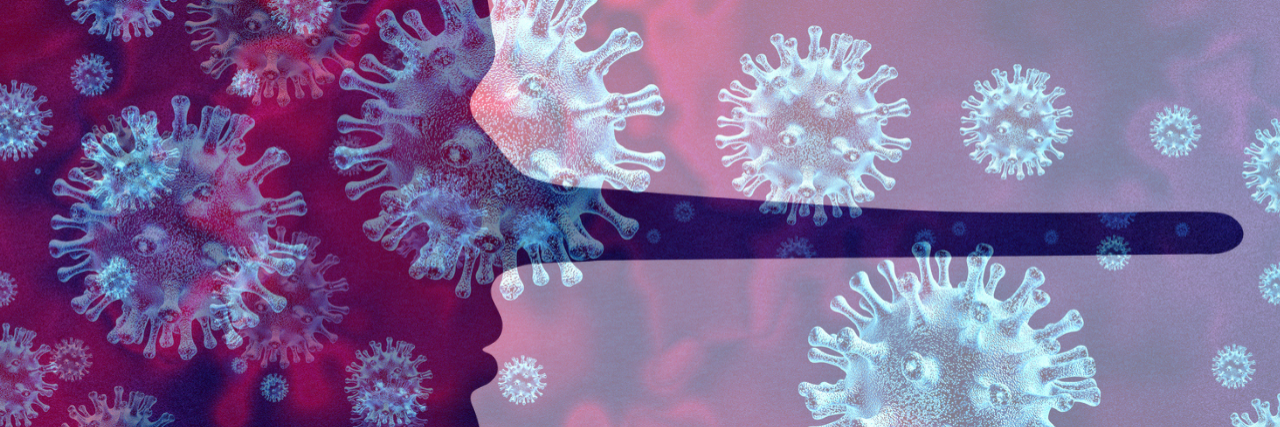 Lie of the Year: The Downplay and Denial of the Coronavirus Silhouette of a head with a growing Pinocchio-style nose over a background of magnified COVID-19 cells