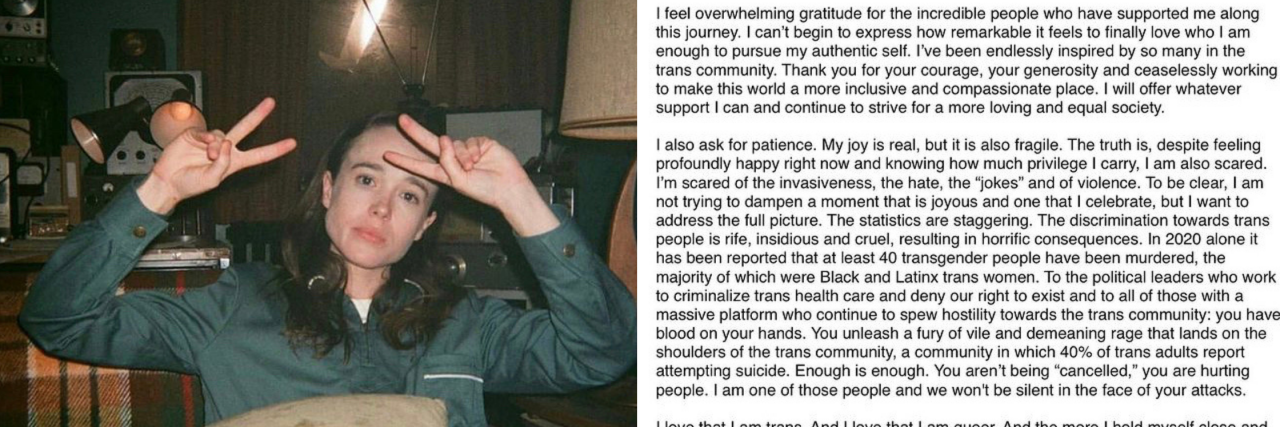 How Elliot Page Coming Out Reaffirms Trans Lives Elliot Page instagram photo of him coming out