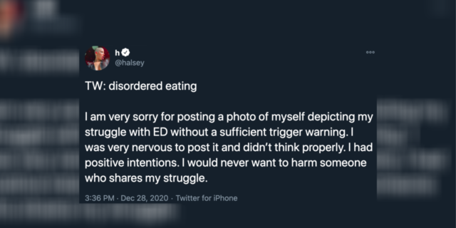 Why Halsey's Photo of Her 'Lowest Point' Was Met With Backlash Tweet apology from Halsey's official Twitter account.