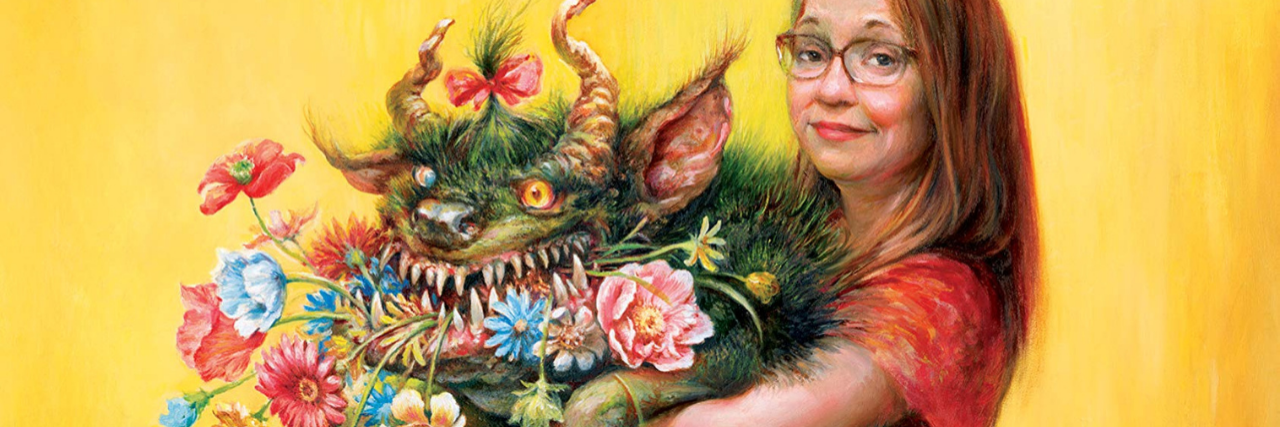 How Jenny Lawson's 'Broken' Changed How I View My Mental Health illustrated cover for Jenny Lawson's book "Broken" showing a woman holding a large monster with flowers in its mouth