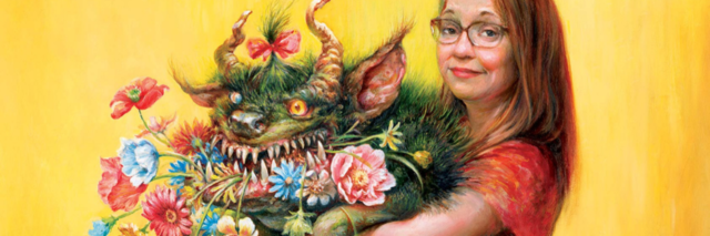 illustrated cover for Jenny Lawson's book "Broken" showing a woman holding a large monster with flowers in its mouth