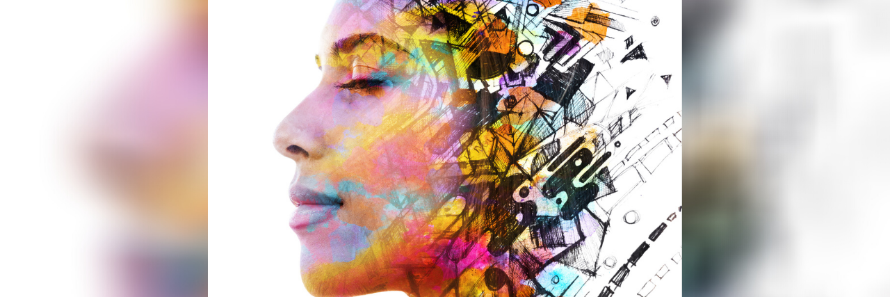 Expressing All Parts of Myself as Someone Living With Mental Illness Double exposure profile of peaceful woman combined with handmade painting of shapes dissolving into her hair