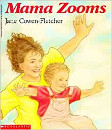 Cover of Mama Zooms, a book for younger kids about a mom with a disability who zooms around in a power wheelchair.