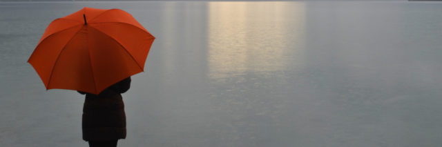 woman holding a red umbrella staring at a lake