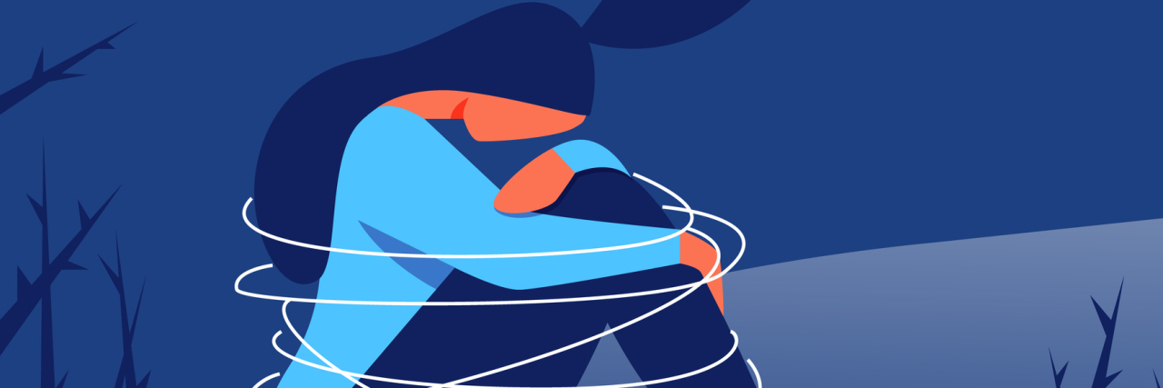 How Emotional Abuse Through the Silent Treatment Led to Self-Harm Vector of a woman sitting with her arms wrapped around her knees, head down with string trapping her