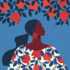 Illustration of Black woman in dress with pomegranate pattern print and garnet tree background.