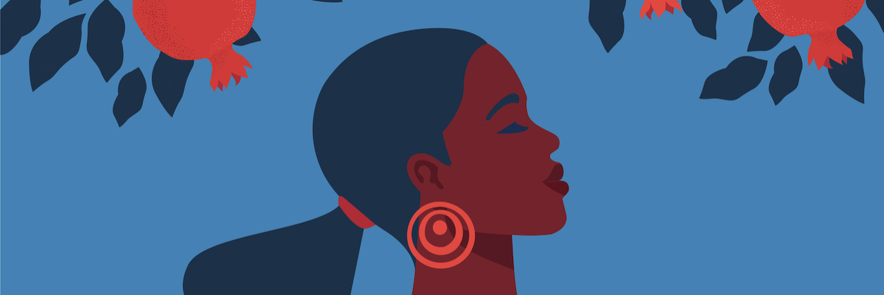 How to Take Care of Yourself With Lupus Illustration of Black woman in dress with pomegranate pattern print and garnet tree background.