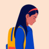 An illustration of a sad young girl, wearing a backpack and a headband. She's looking down.