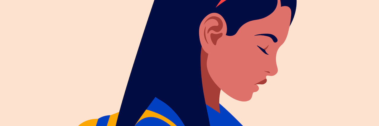 How Getting the Silent Treatment Growing Up Affected My Mental Health An illustration of a sad young girl, wearing a backpack and a headband. She's looking down.