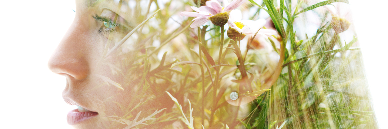 Self-Diagnosed Autistics Are Valid Double exposure woman's closeup portrait with flowers.