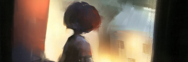 watercolor painting of a little girl looking outside the window on a dark night