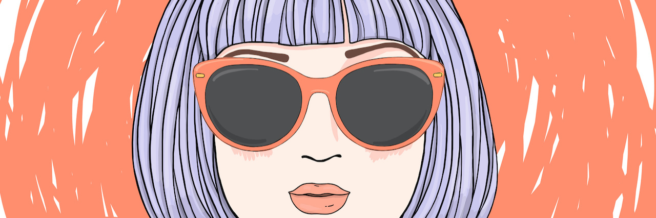 Illustration of a portrait of a woman with short purple hair in sunglasses.