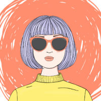 Illustration of a portrait of a woman with short purple hair in sunglasses.