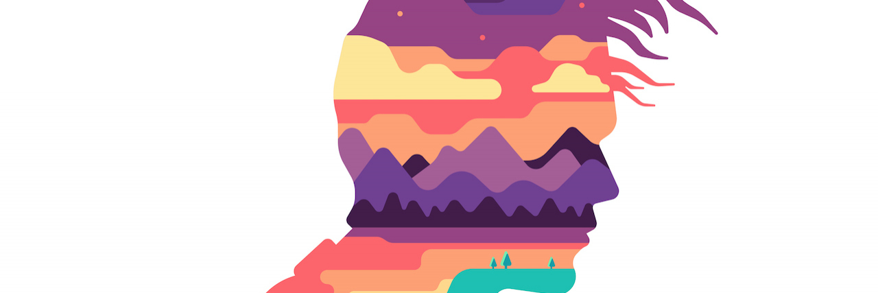 Treating Yourself as a Person vs. a Model Mental Health Patient Silhouette of of a man's profile with bright colors of mountains and landscapes within it