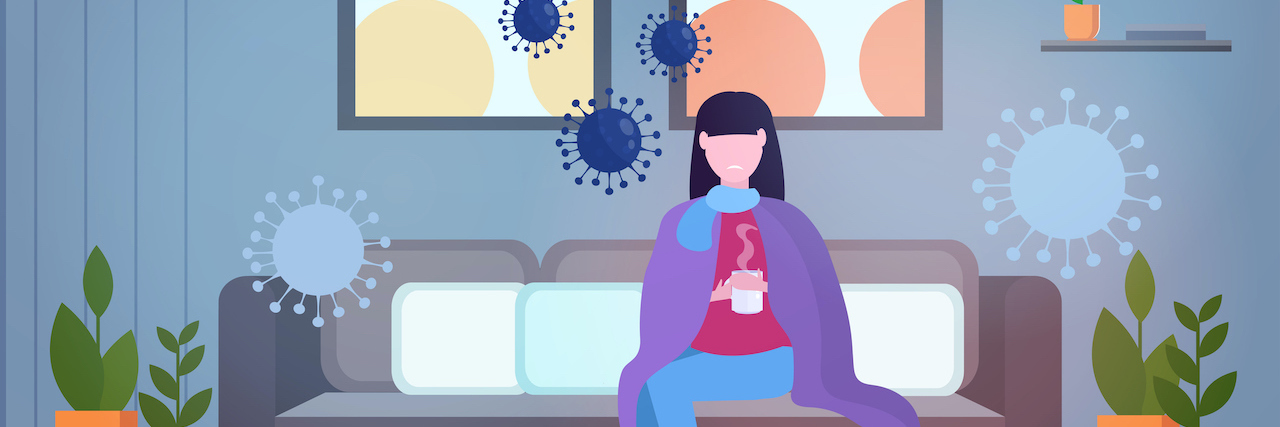 What It's Like Getting Diagnosed With COVID-19 An illustration of a woman sitting on her couch holding a cup of tea. Visuals representing the coronavirus float around her