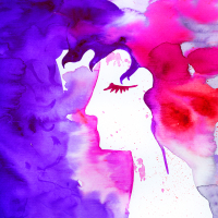 a female profile drawn in purple watercolor