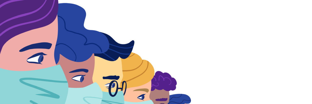 KHN: Foreign-Trained Professionals Sit on Sidelines A group of people wearing a protective medical mask to prevent coronavirus. Vector concept of coronavirus quarantine.