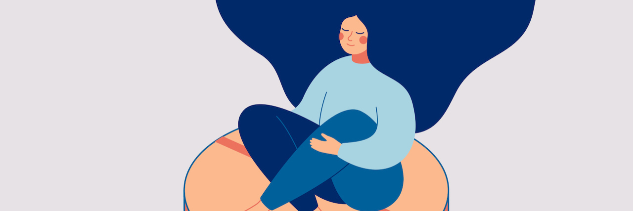 Illustration of woman sitting on round pill