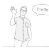 Sketch of a man in a button down shirt and pants waving a hand with a speech bubble that says "hello"