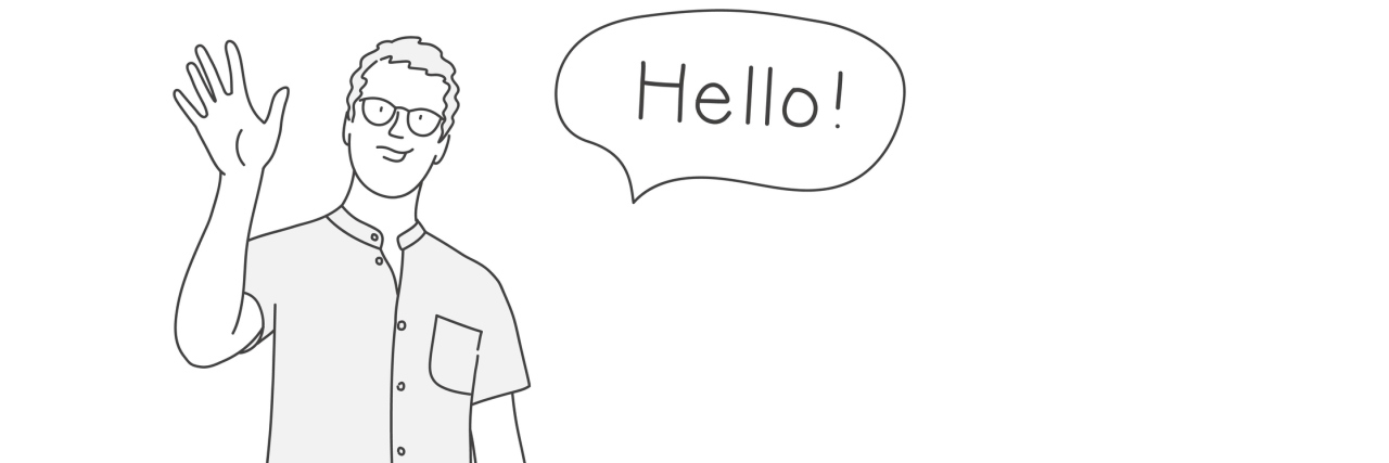 Sketch of a man in a button down shirt and pants waving a hand with a speech bubble that says "hello"