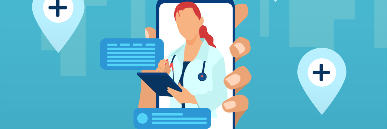 The Real Mental Health Benefit of Teletherapy During COVID-19 illustration of a doctor in a smartphone, held by a person's hand