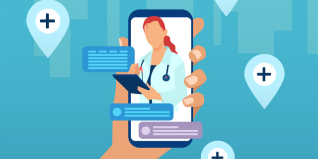 illustration of a doctor in a smartphone, held by a person's hand