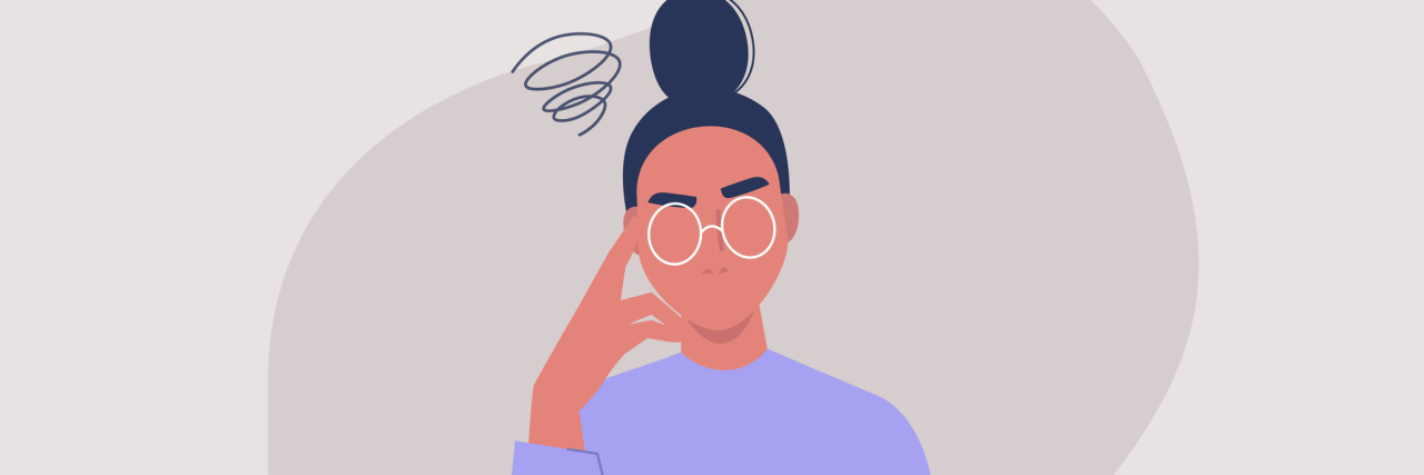 When a Bipolar Disorder Medication Change Causes Mixed States and Irritability illustration of a woman wearing glasses with her hand raised to her cheek and squiggle doodle coming from her head, looking irritated or annoyed