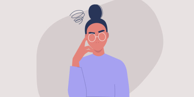 illustration of a woman wearing glasses with her hand raised to her cheek and squiggle doodle coming from her head, looking irritated or annoyed