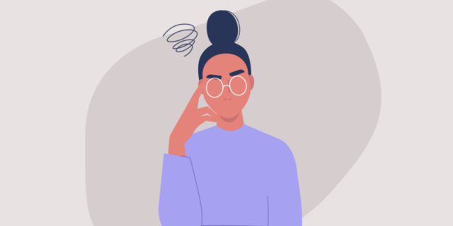 When a Bipolar Disorder Medication Change Causes Mixed States and Irritability illustration of a woman wearing glasses with her hand raised to her cheek and squiggle doodle coming from her head, looking irritated or annoyed