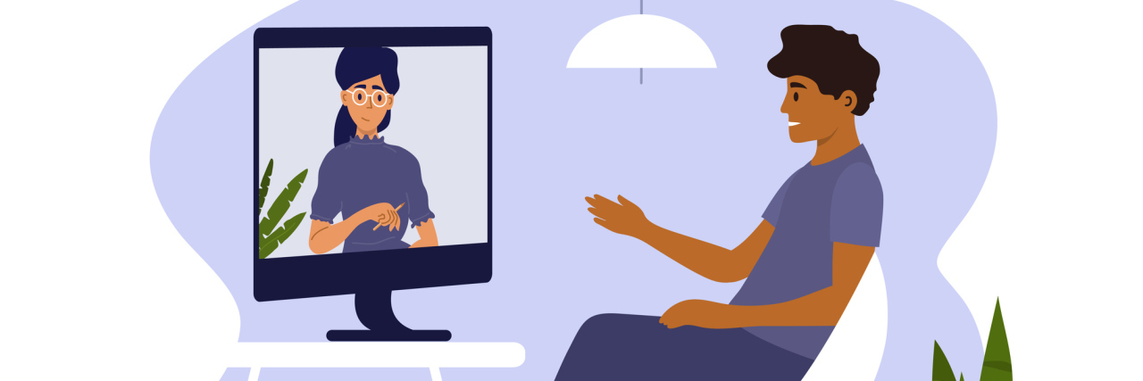 18 Mic Drop-Worthy Lessons People Learned in Therapy Sad man sitting on chair at home and talking to female psychologist on computer screen.
