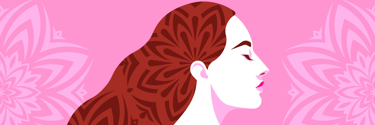 Side profile of a white female silhouette with eyes closed, long red hair with flower patterns on a pink background
