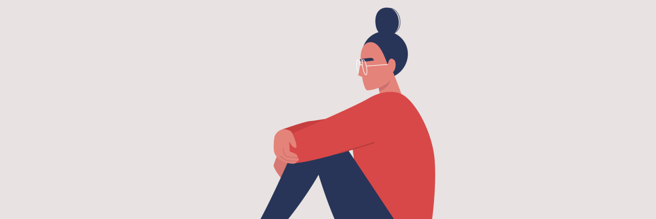 Making Appointments Is Hard When Chronic Illness Is Unpredictable vector of a woman sitting on the floor, holding her knees, with a cartoon scribble above her head